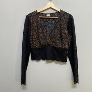 Aritzia Wilfred Womens Caressa Black Lace Crop Top Sz S Long Sleeve V Neck